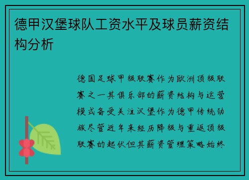德甲汉堡球队工资水平及球员薪资结构分析