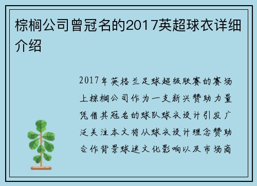 棕榈公司曾冠名的2017英超球衣详细介绍